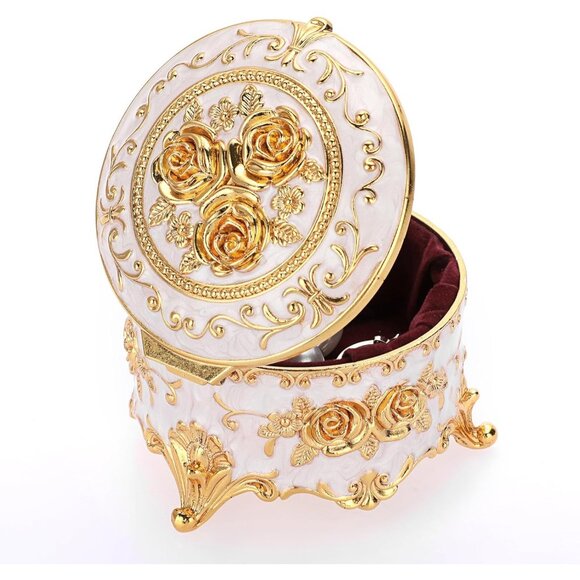 Women Vintage Round Trinket Storage Organizer Box Gold Metal Case Treasure Box - Picture 8 of 9